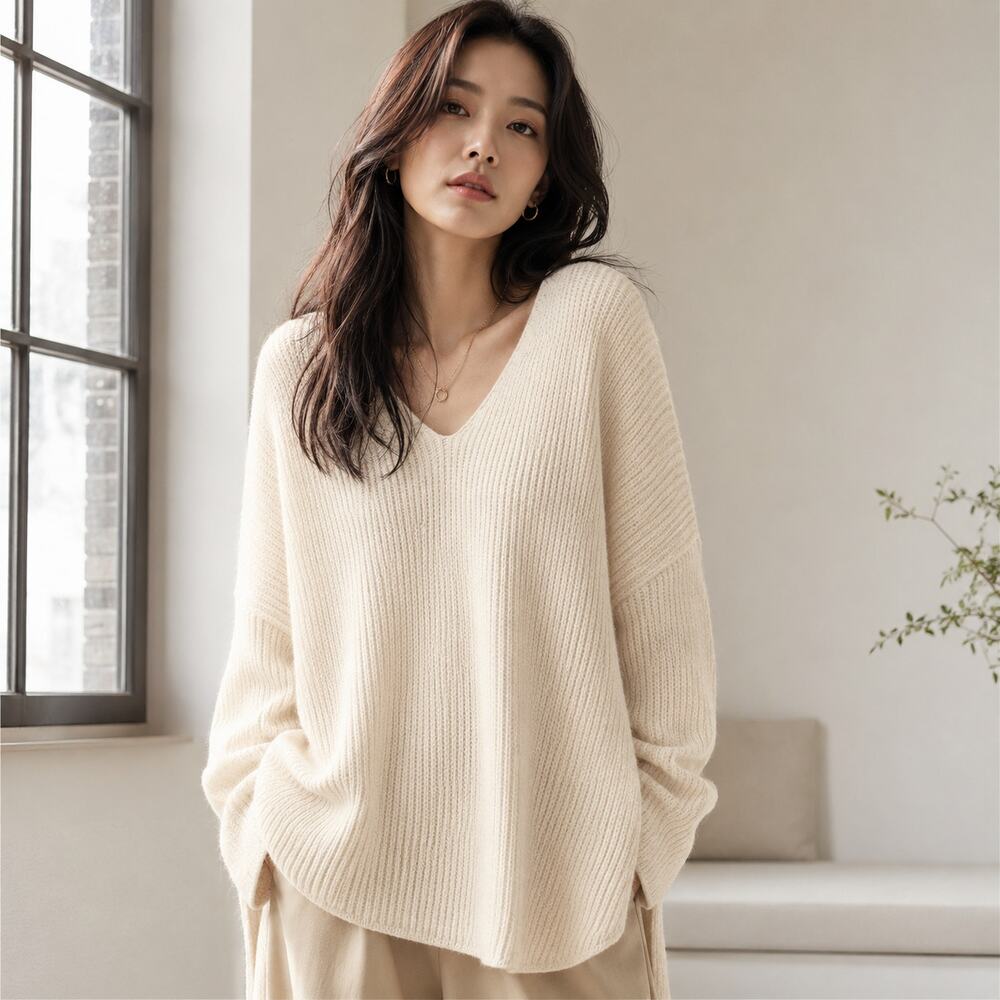 By Min Cream V-Neck Knit Tunic Sweater Relaxed Minimalist K-Fashion Korea Casual